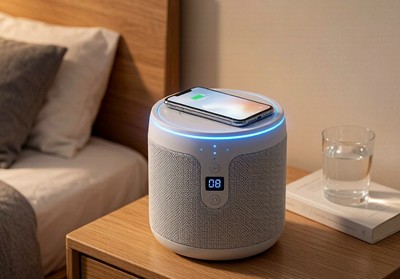蓝牙音箱顶部无线充电，手机平放充电中